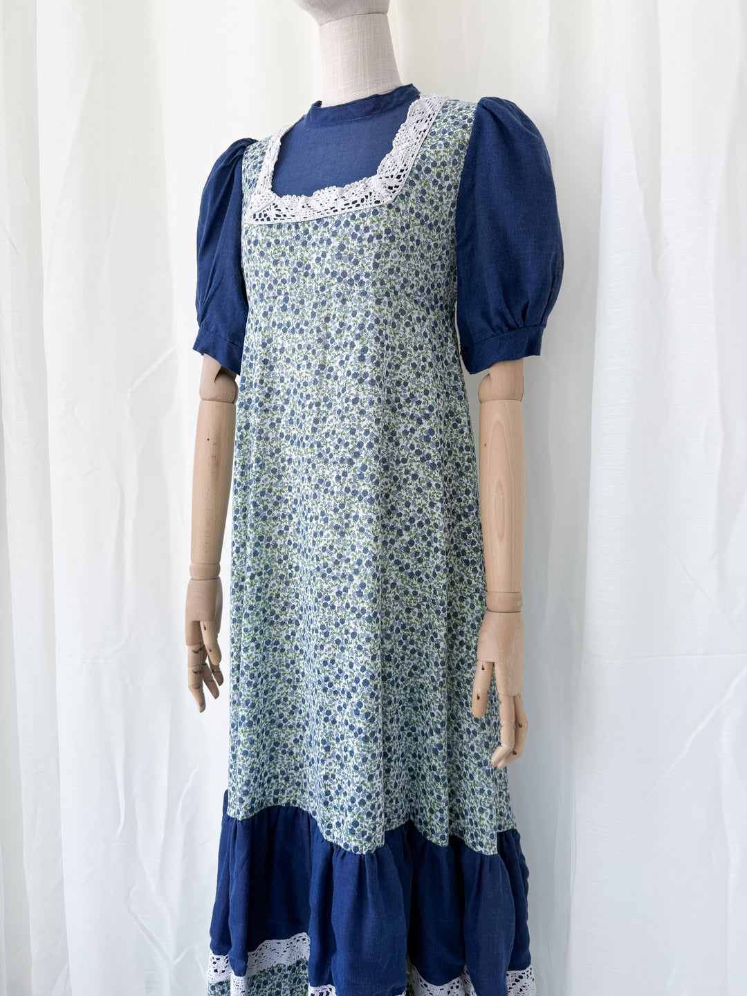 Adorable 1970s Lace Trimmed Cotton maxi Dress