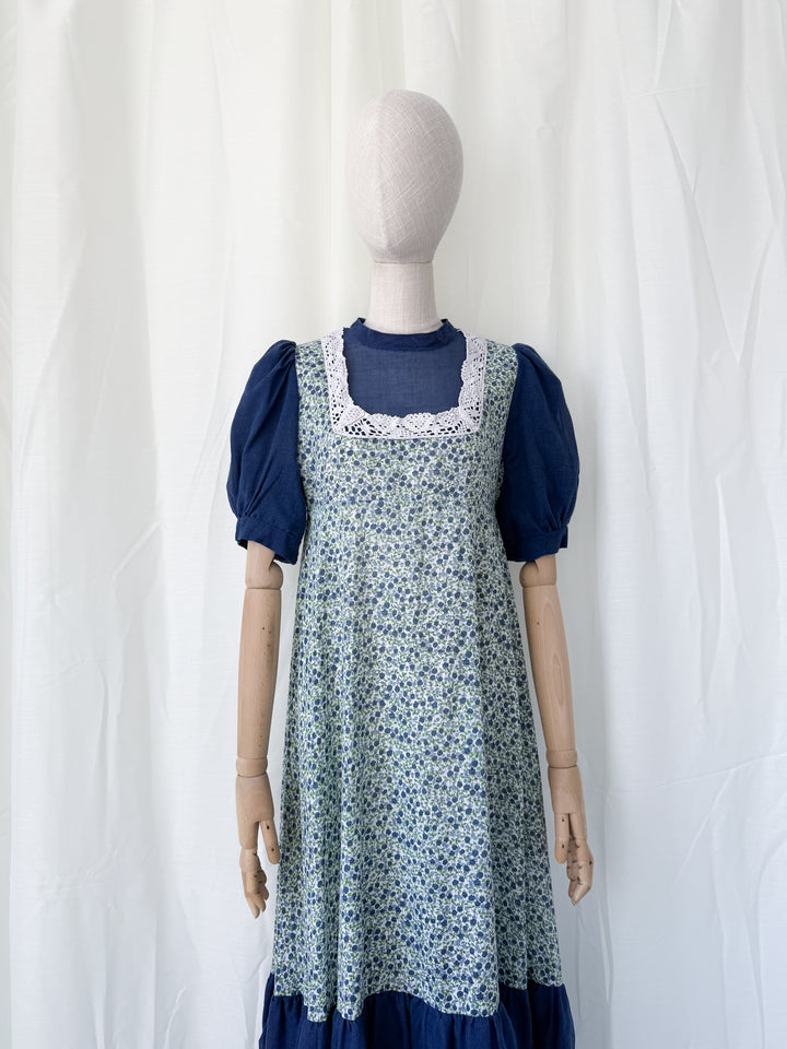 Adorable 1970s Lace Trimmed Cotton maxi Dress