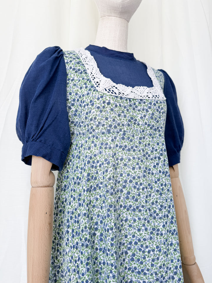 Adorable 1970s Lace Trimmed Cotton maxi Dress