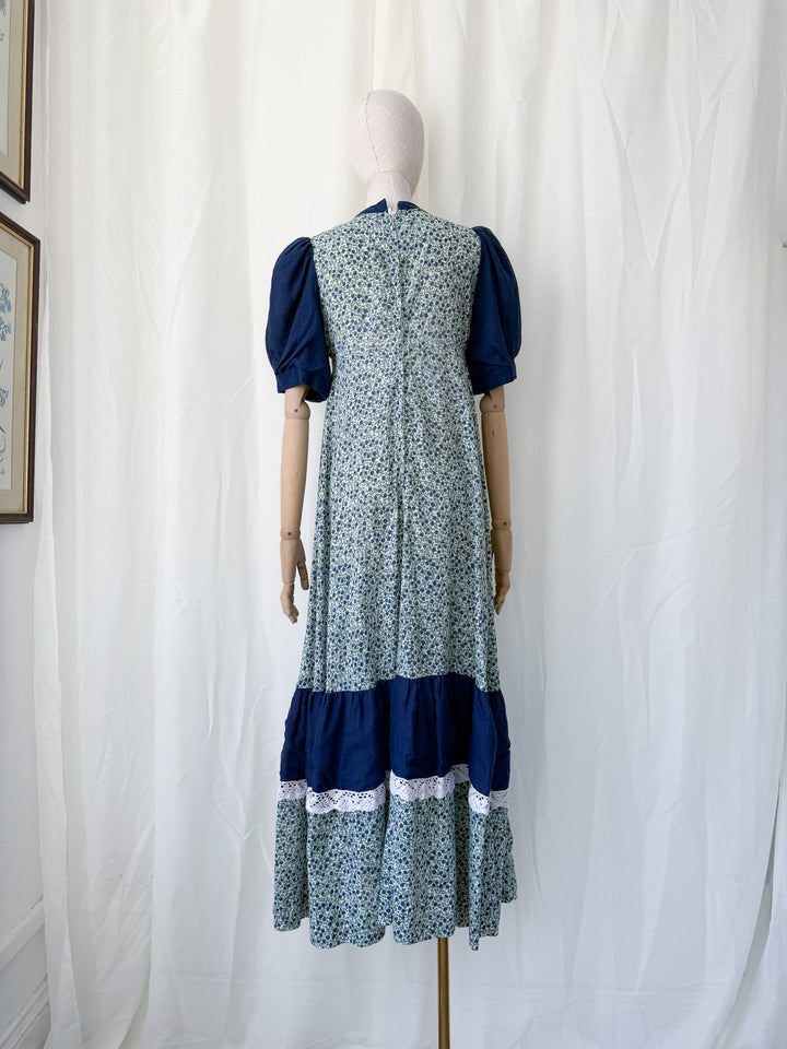 Adorable 1970s Lace Trimmed Cotton maxi Dress