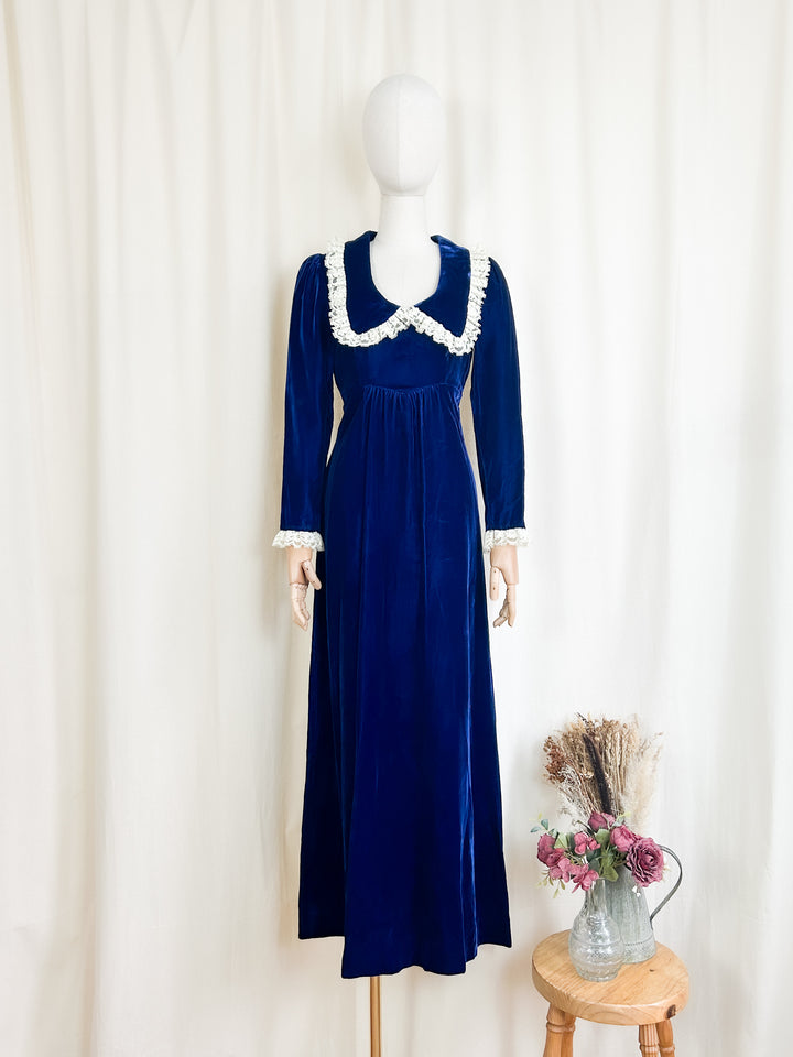 The Mystique ~ precious holy grail rare 70s blue velvet maxi dress