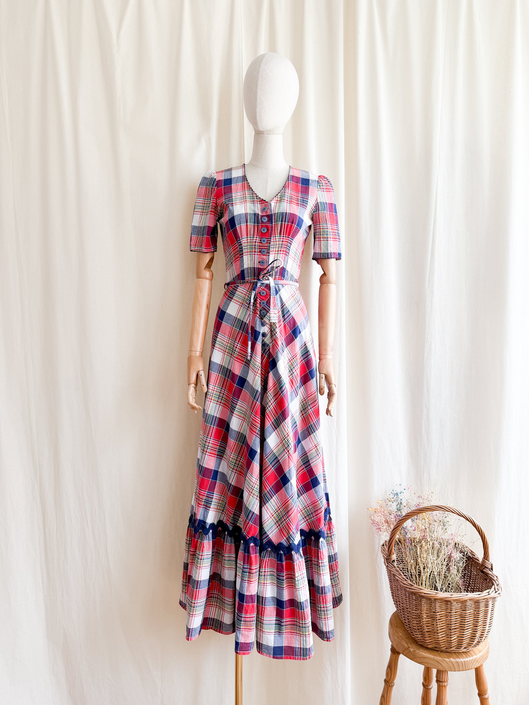 Magnificent Rare Soft Natural Cotton Plaid Maxi Dress by Betty