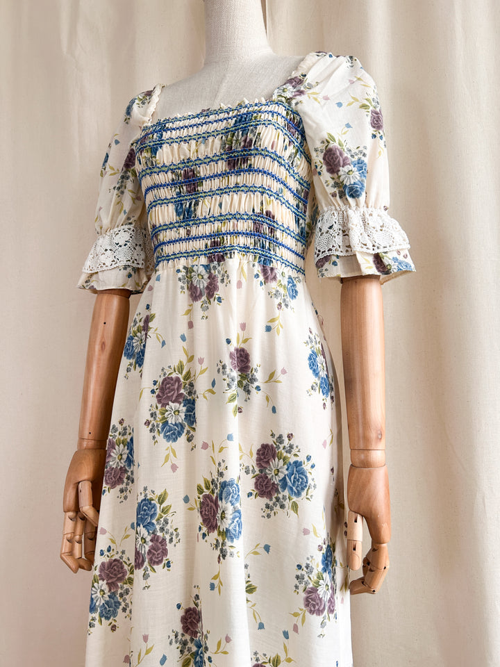 Issy ~ Dreamy rare shirred 1970s ivory floral cotton prairie dress