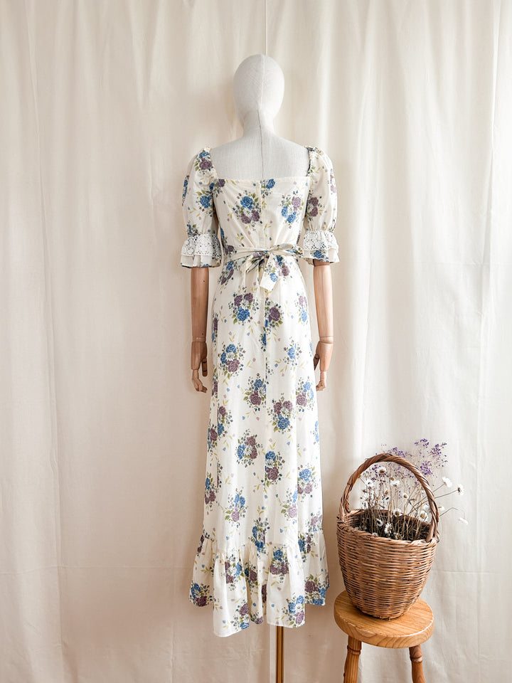 Issy ~ Dreamy rare shirred 1970s ivory floral cotton prairie dress