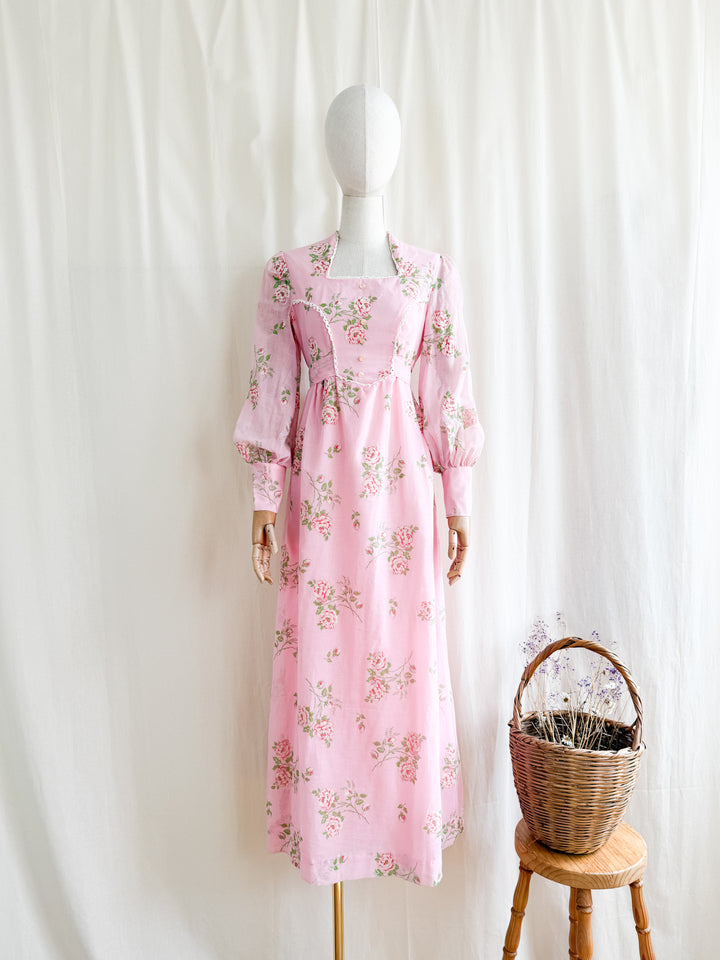 Precious 70s Pink Flocked Floral Cotton Maxi Dress
