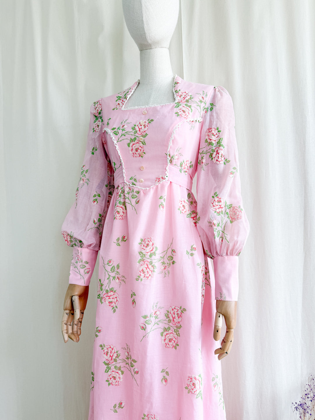 Precious 70s Pink Flocked Floral Cotton Maxi Dress