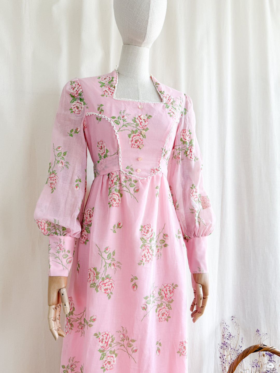 Precious 70s Pink Flocked Floral Cotton Maxi Dress