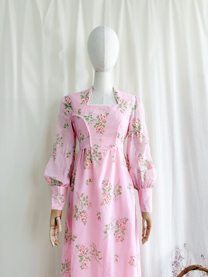 Precious 70s Pink Flocked Floral Cotton Maxi Dress