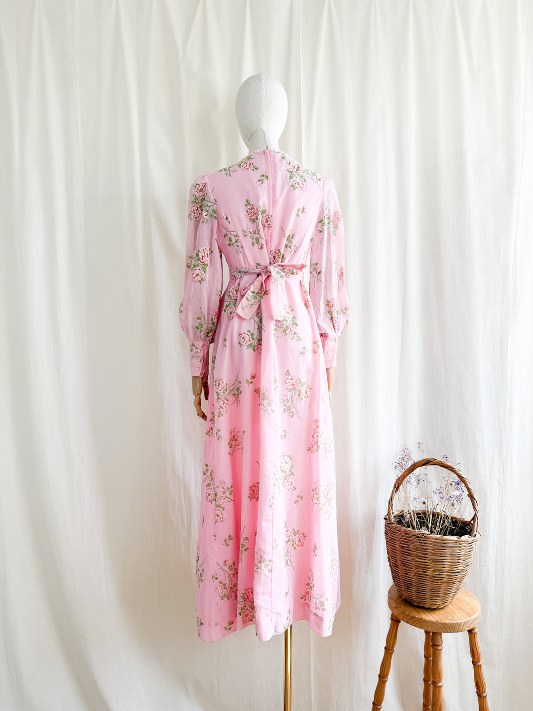 Precious 70s Pink Flocked Floral Cotton Maxi Dress