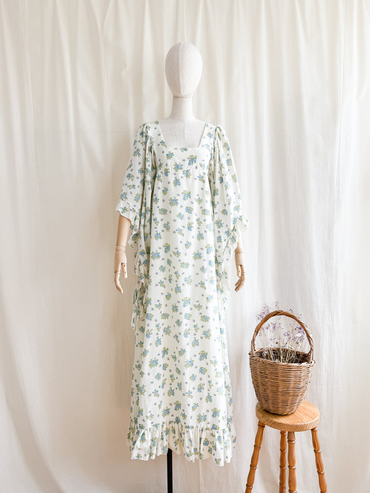 Incredibly Beautiful 70s Floral Cotton Angel Sleeve Maxi Dress