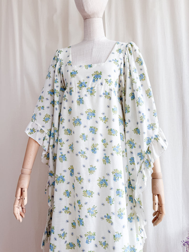 Incredibly Beautiful 70s Floral Cotton Angel Sleeve Maxi Dress