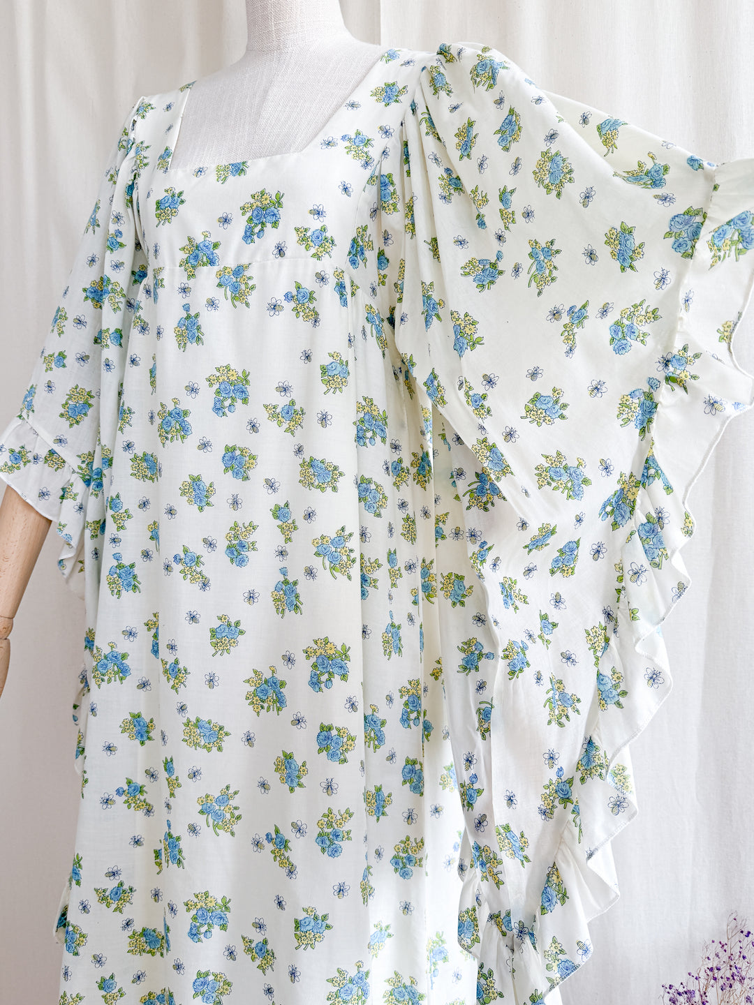 Incredibly Beautiful 70s Floral Cotton Angel Sleeve Maxi Dress