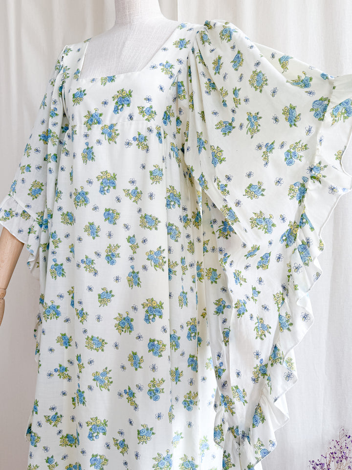 Incredibly Beautiful 70s Floral Cotton Angel Sleeve Maxi Dress