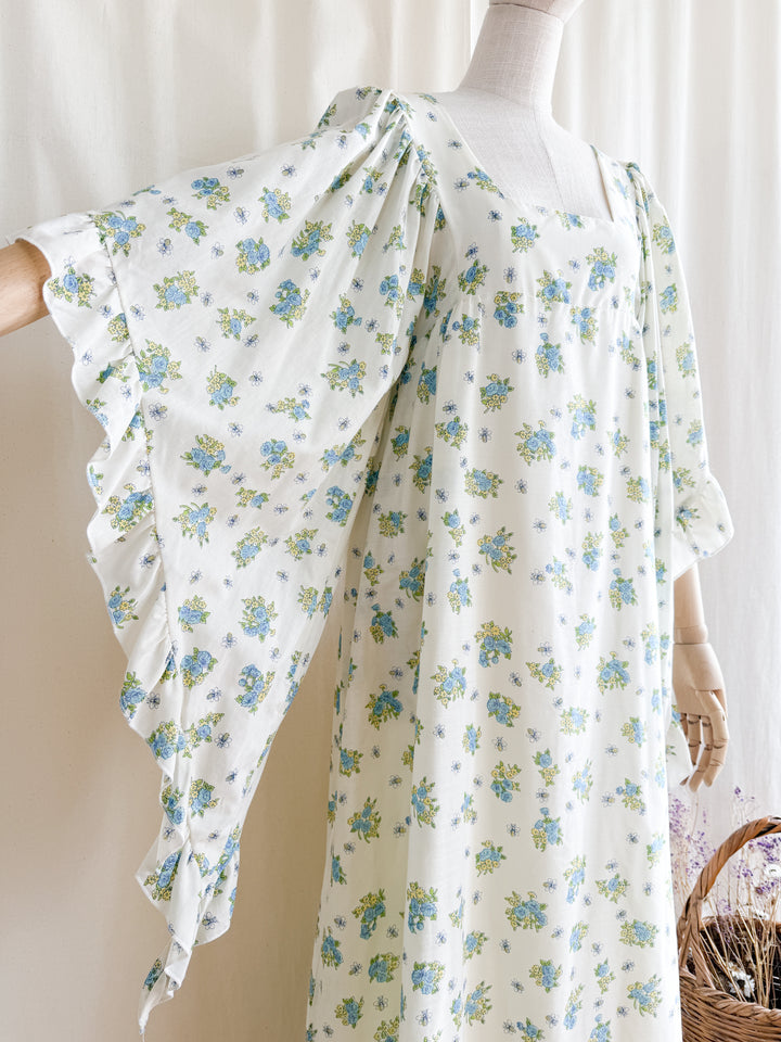 Incredibly Beautiful 70s Floral Cotton Angel Sleeve Maxi Dress