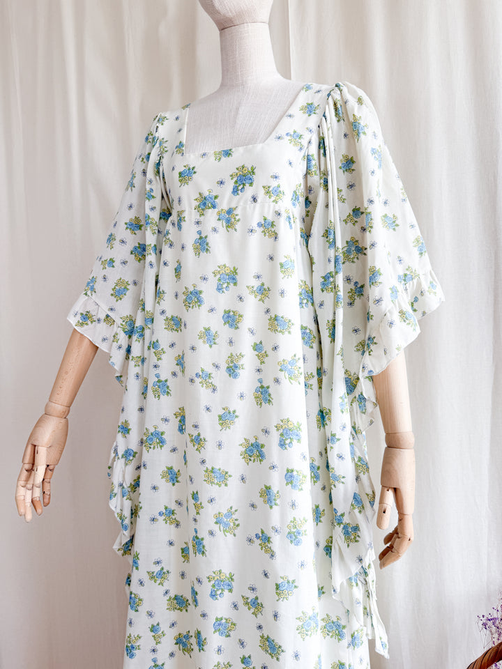 Incredibly Beautiful 70s Floral Cotton Angel Sleeve Maxi Dress