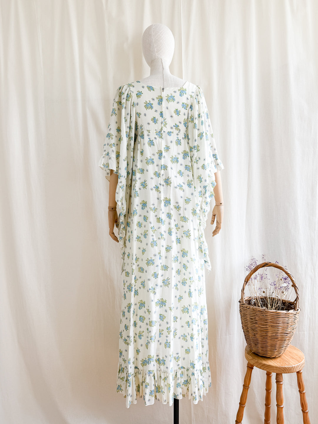 Incredibly Beautiful 70s Floral Cotton Angel Sleeve Maxi Dress