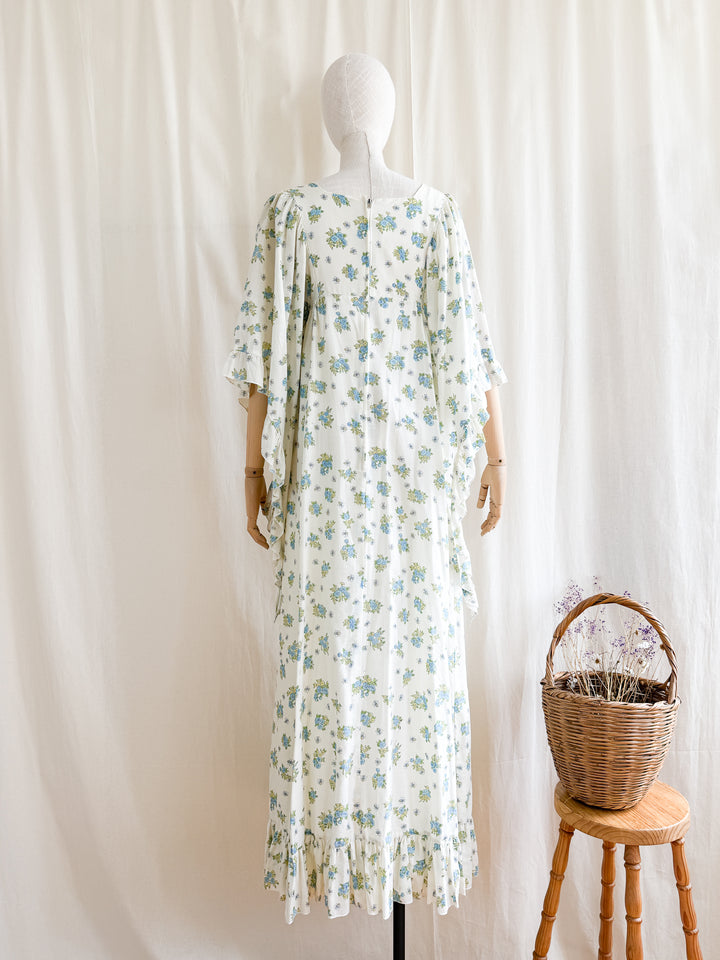 Incredibly Beautiful 70s Floral Cotton Angel Sleeve Maxi Dress