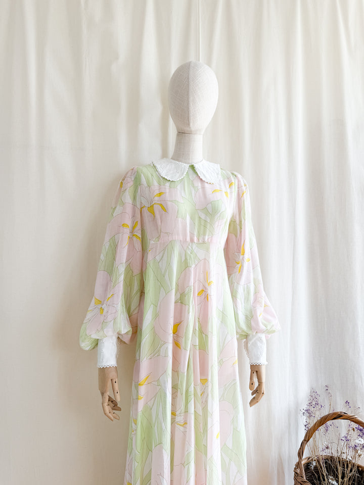Enchanting 70s Fine Cotton Peter Pan Collar Maxi Dress by Looking Glass