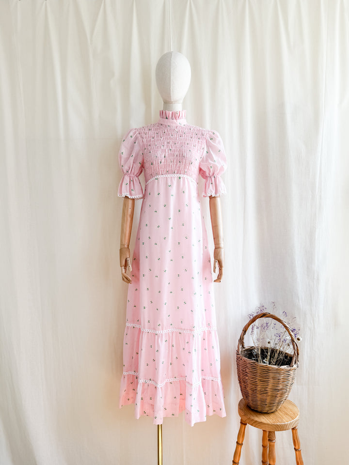 Precious 70s Pink Cotton Shirred Puff Sleeve Flocked Floral Maxi Dress