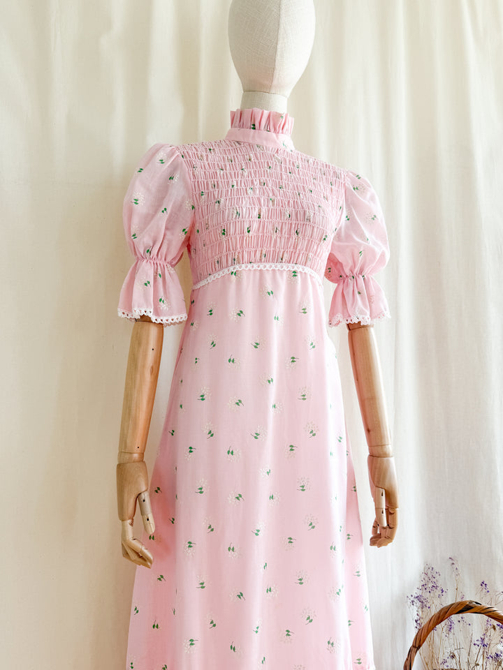 Precious 70s Pink Cotton Shirred Puff Sleeve Flocked Floral Maxi Dress