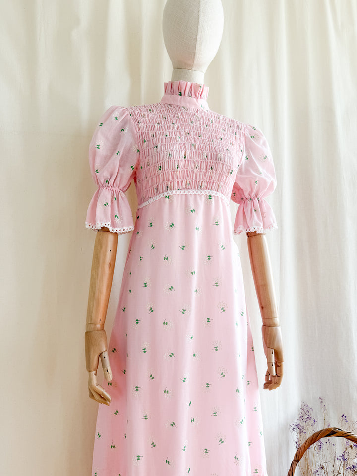 Precious 70s Pink Cotton Shirred Puff Sleeve Flocked Floral Maxi Dress
