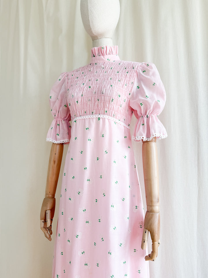 Precious 70s Pink Cotton Shirred Puff Sleeve Flocked Floral Maxi Dress