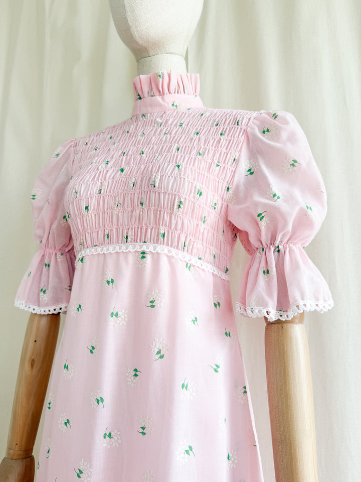 Precious 70s Pink Cotton Shirred Puff Sleeve Flocked Floral Maxi Dress