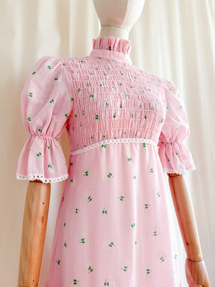 Precious 70s Pink Cotton Shirred Puff Sleeve Flocked Floral Maxi Dress