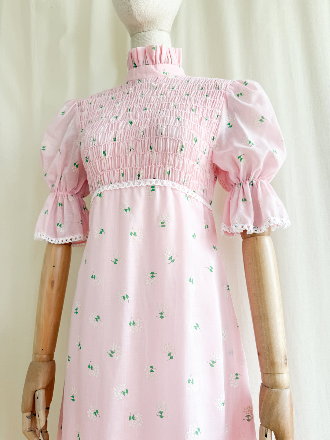 Precious 70s Pink Cotton Shirred Puff Sleeve Flocked Floral Maxi Dress