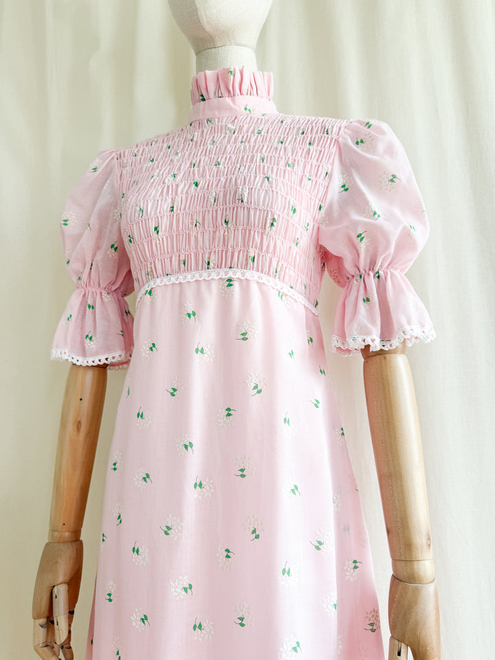 Precious 70s Pink Cotton Shirred Puff Sleeve Flocked Floral Maxi Dress
