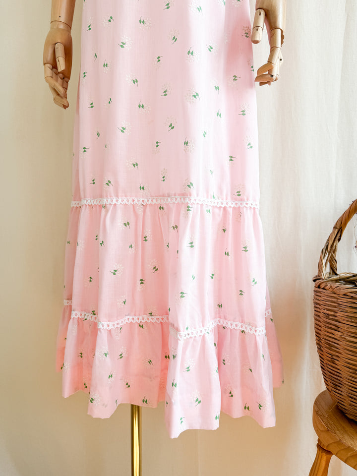 Precious 70s Pink Cotton Shirred Puff Sleeve Flocked Floral Maxi Dress
