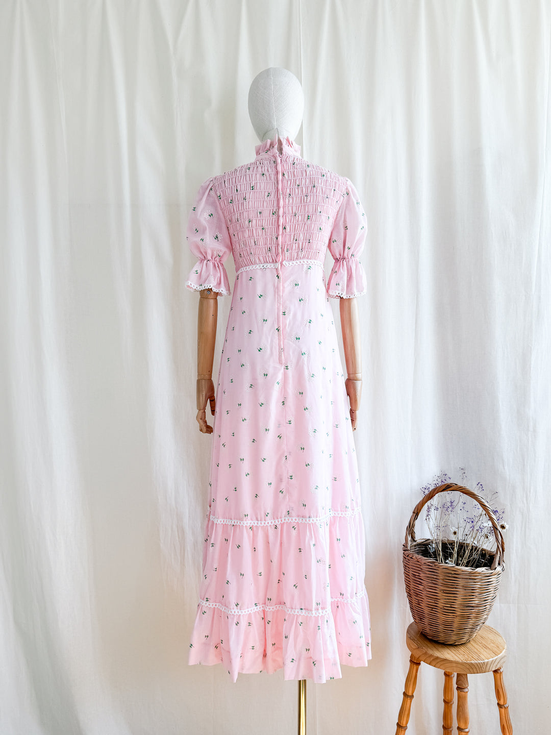 Precious 70s Pink Cotton Shirred Puff Sleeve Flocked Floral Maxi Dress
