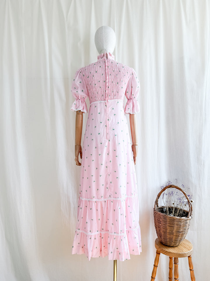 Precious 70s Pink Cotton Shirred Puff Sleeve Flocked Floral Maxi Dress