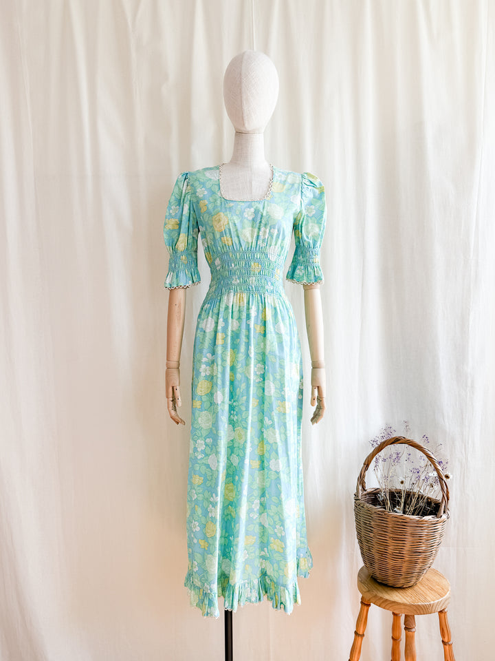 Heavenly 70s Smocked Cotton Spring Floral Maxi Dress by Dollyrockers