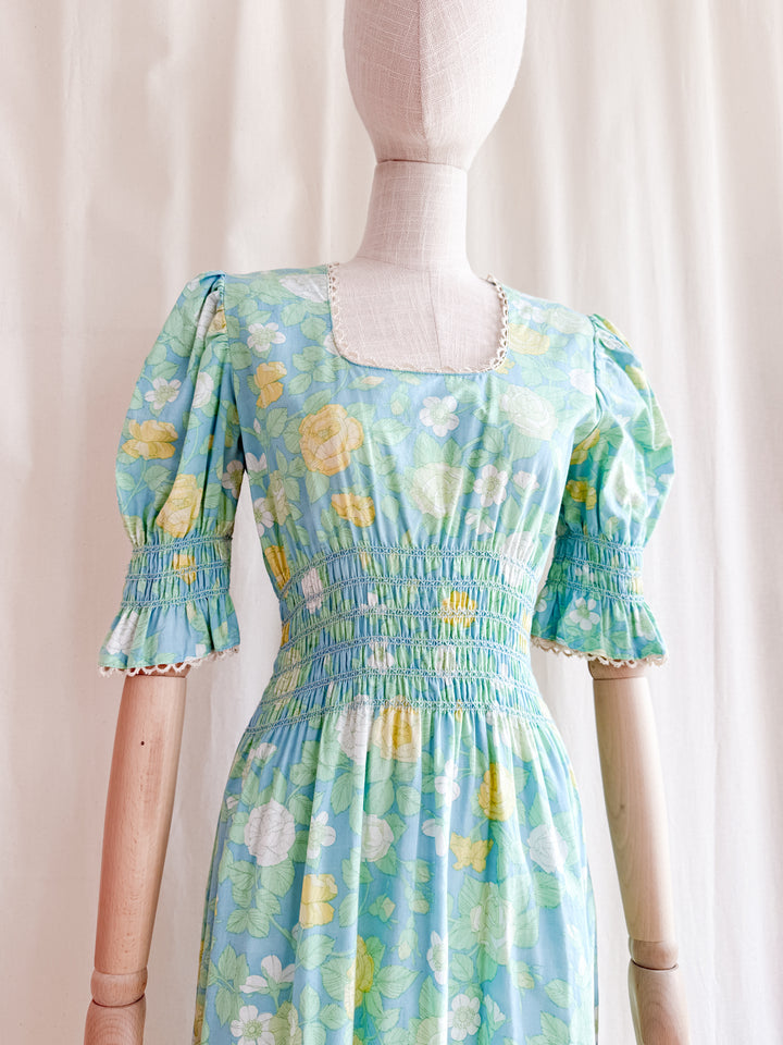 Heavenly 70s Smocked Cotton Spring Floral Maxi Dress by Dollyrockers