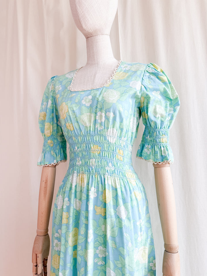 Heavenly 70s Smocked Cotton Spring Floral Maxi Dress by Dollyrockers