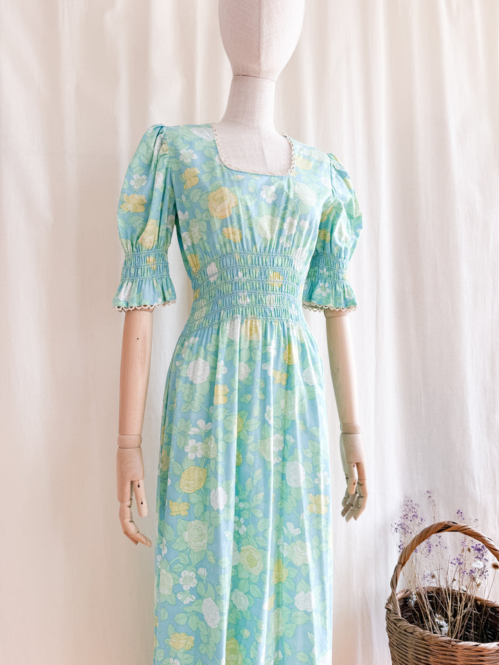 Heavenly 70s Smocked Cotton Spring Floral Maxi Dress by Dollyrockers