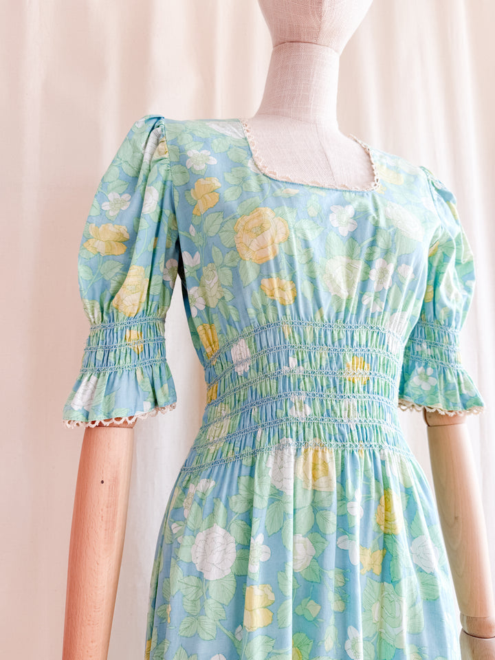 Heavenly 70s Smocked Cotton Spring Floral Maxi Dress by Dollyrockers