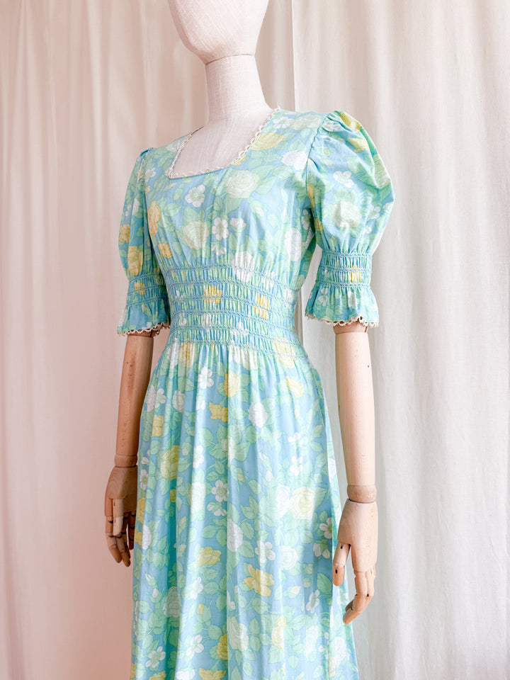 Heavenly 70s Smocked Cotton Spring Floral Maxi Dress by Dollyrockers
