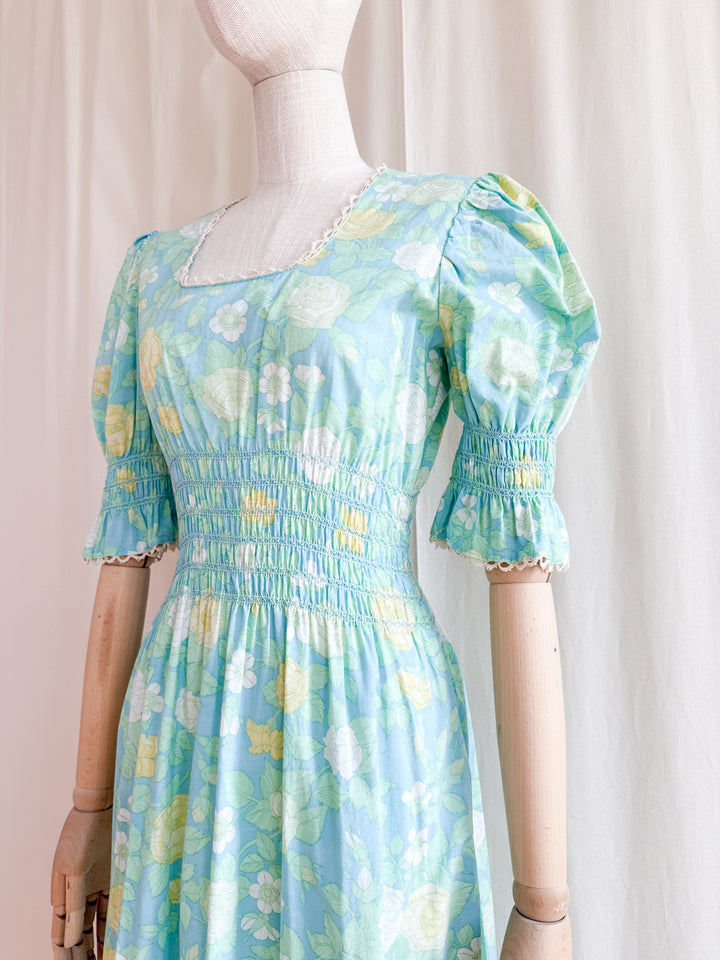 Heavenly 70s Smocked Cotton Spring Floral Maxi Dress by Dollyrockers