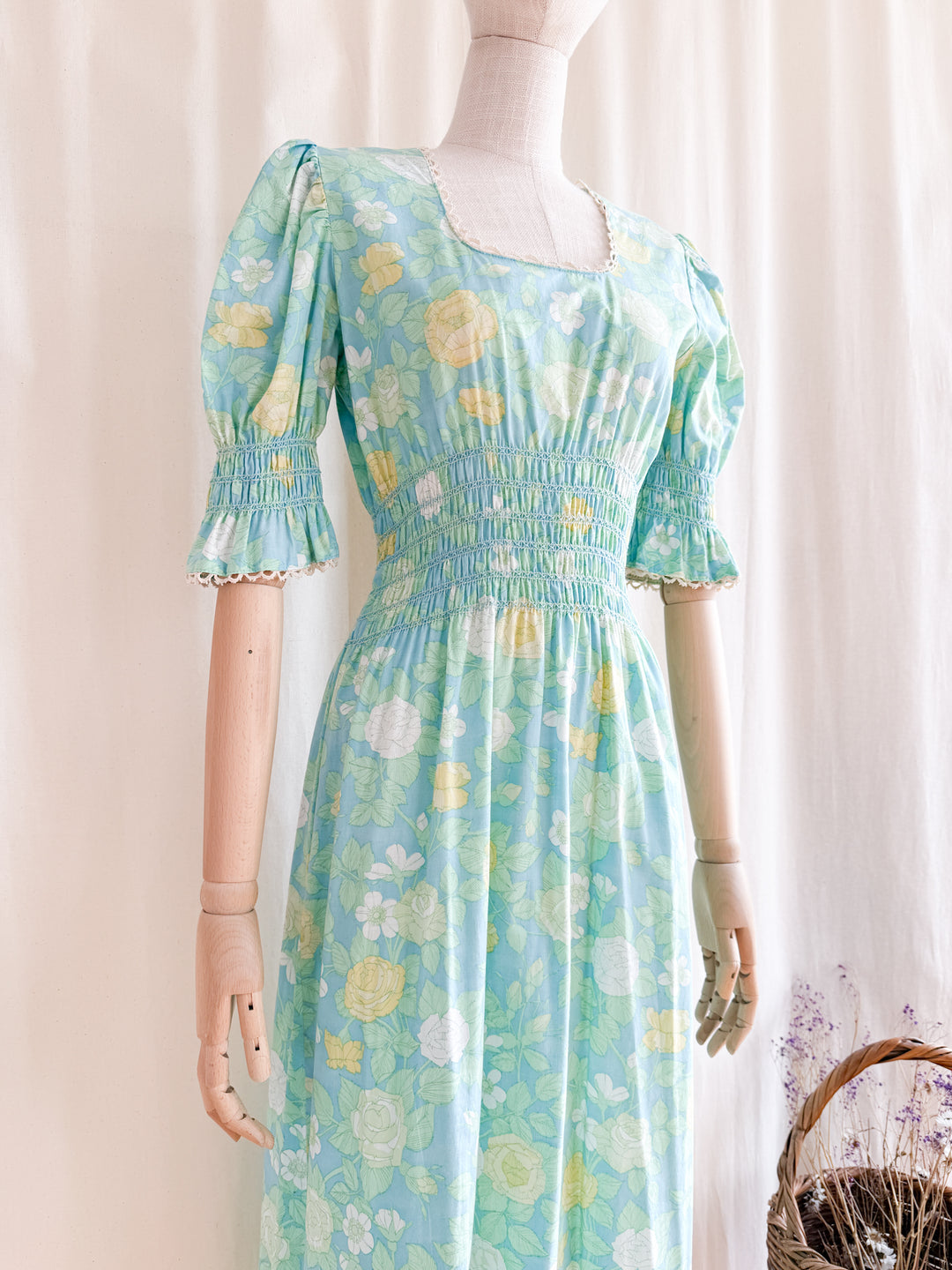 Heavenly 70s Smocked Cotton Spring Floral Maxi Dress by Dollyrockers
