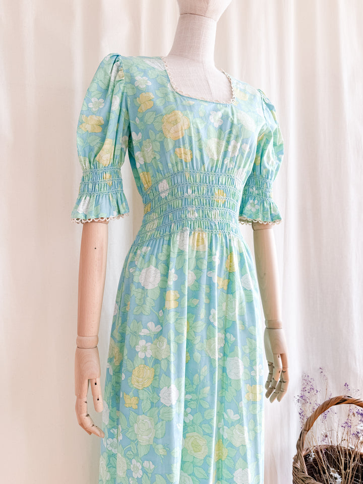 Heavenly 70s Smocked Cotton Spring Floral Maxi Dress by Dollyrockers