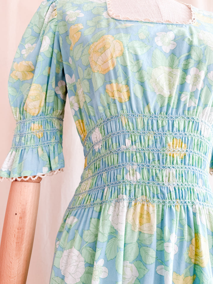 Heavenly 70s Smocked Cotton Spring Floral Maxi Dress by Dollyrockers