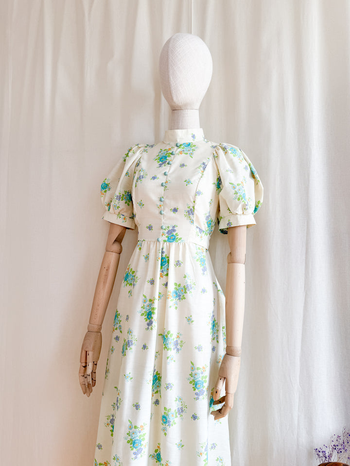 Gorgeous 70s Fine Cotton Puff Sleeve Floral Maxi Dress