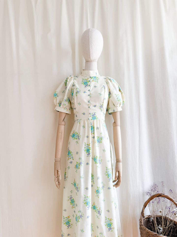 Gorgeous 70s Fine Cotton Puff Sleeve Floral Maxi Dress