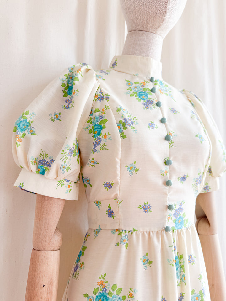 Gorgeous 70s Fine Cotton Puff Sleeve Floral Maxi Dress