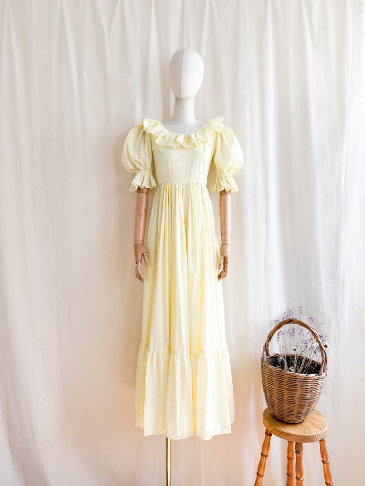 Stunning Late 70s Lemon Puff Sleeve Cotton Maxi Dress