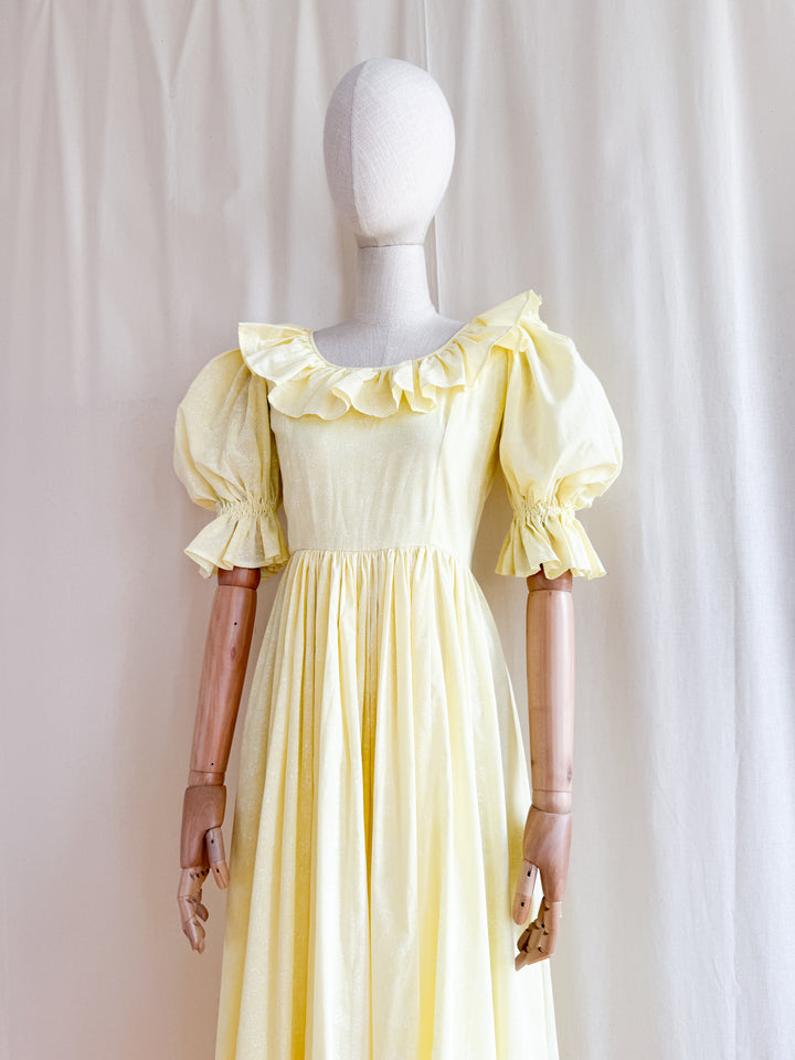 Stunning Late 70s Lemon Puff Sleeve Cotton Maxi Dress
