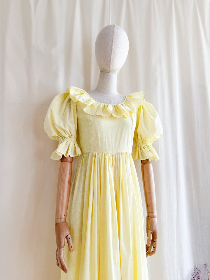 Stunning Late 70s Lemon Puff Sleeve Cotton Maxi Dress