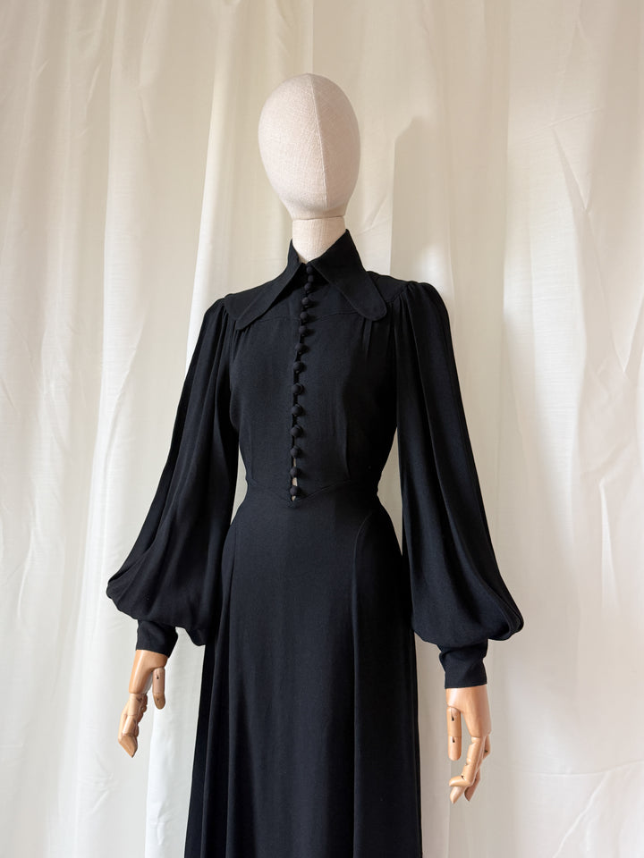 HOLY GRAIL OSSIE CLARK (UNLABELLED) MOSS CREPE BLACK MAXI DRESS